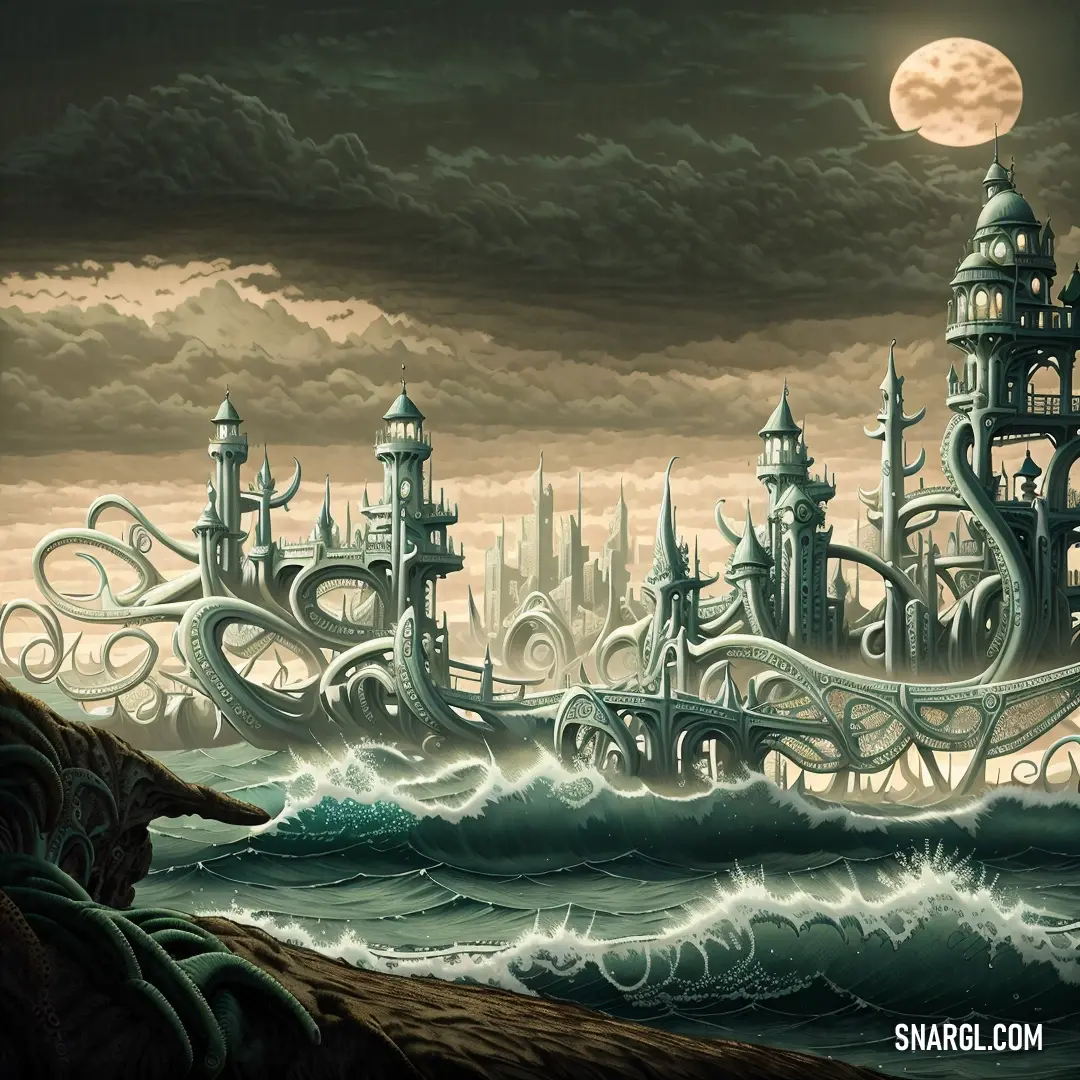Painting of a city by the ocean with a giant wave coming towards it and a full moon in the sky