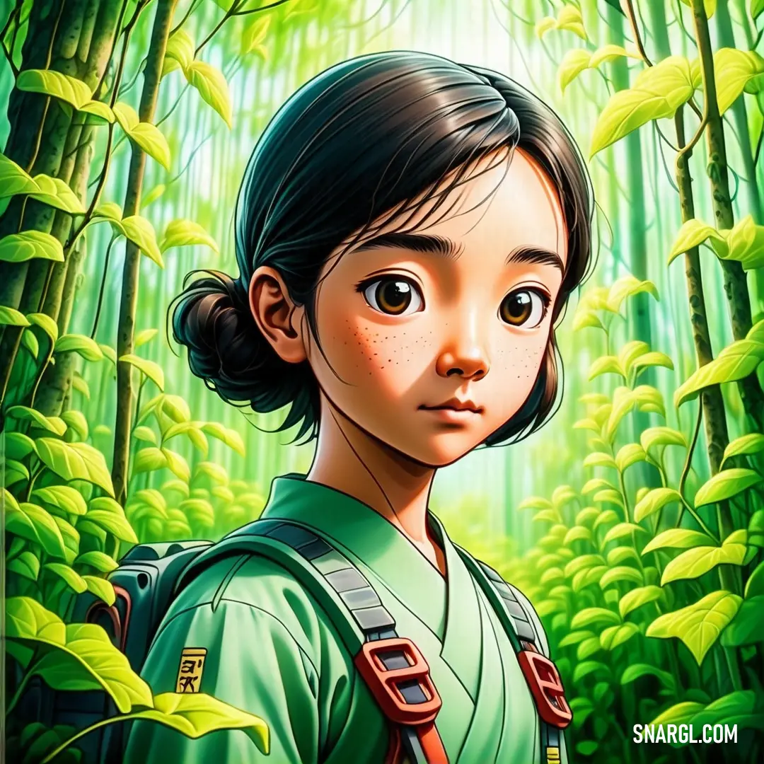 Painting of a girl in a green forest with bamboo trees and ferns in the background. Color #2E8B57.