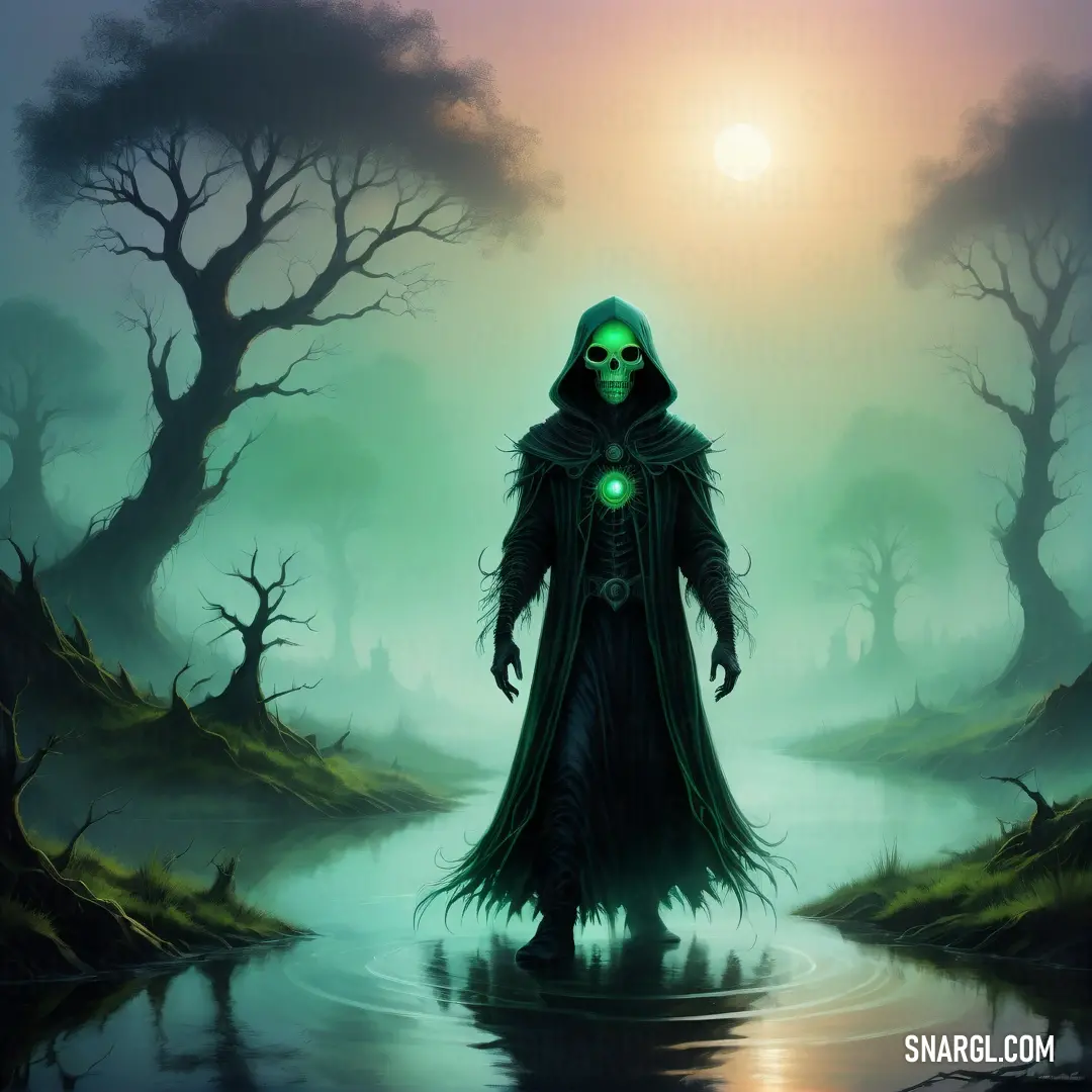 Painting of a grime character in a green hooded suit standing in a swampy area with trees and a glowing green orb