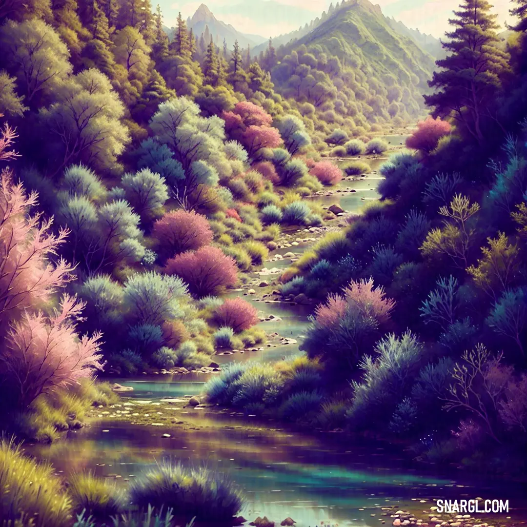Painting of a river in a forest with mountains in the background and flowers in the foreground
