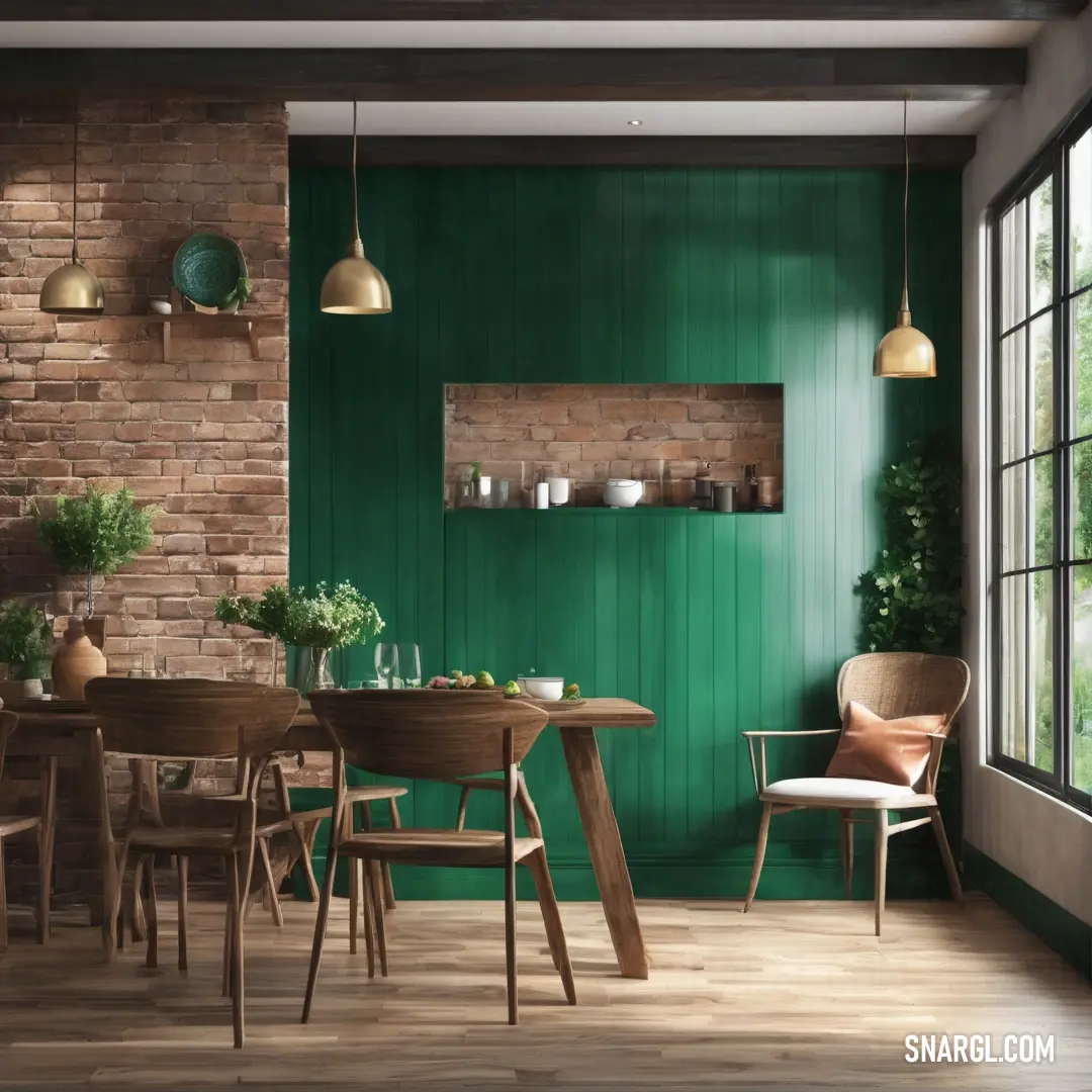 Room with a table and chairs and a brick wall with a window and potted plants on the wall. Color Sea green.