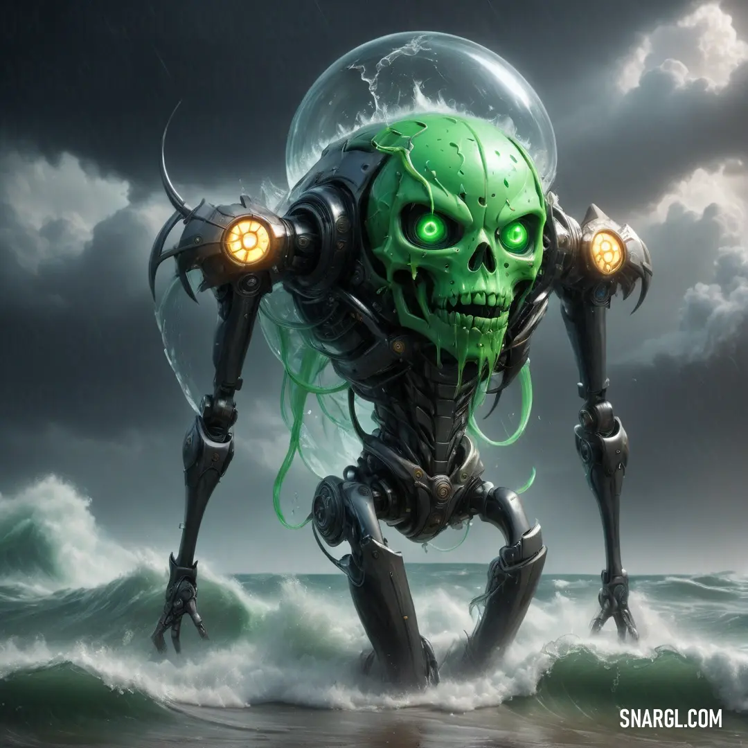 Green alien with glowing eyes is walking on a beach in the ocean with a full moon in the sky. Color RGB 46,139,87.