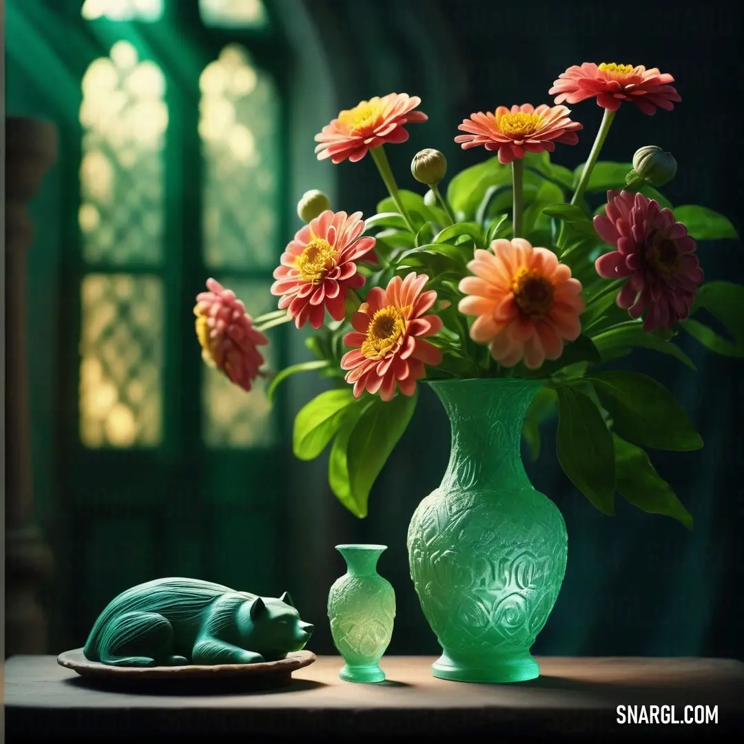Green vase with flowers and a green frog on a table. Color Sea green.