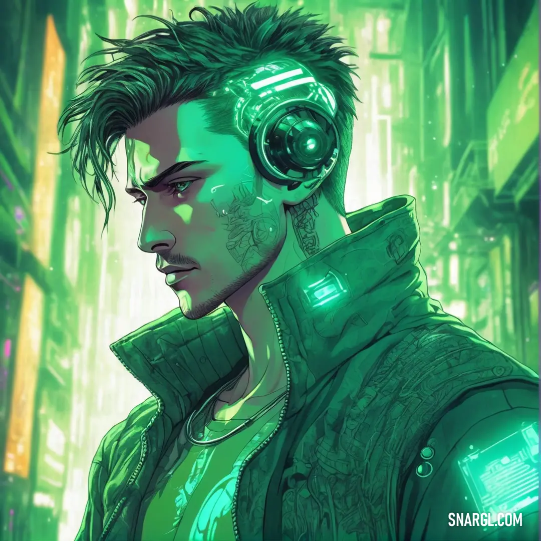 Man with headphones on his ears in a green cityscape background. Color #2E8B57.