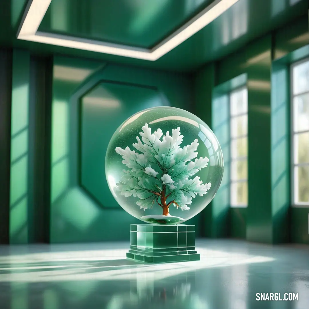 Snow globe with a tree inside of it on a table in a room with green walls and windows. Example of CMYK 67,0,37,45 color.