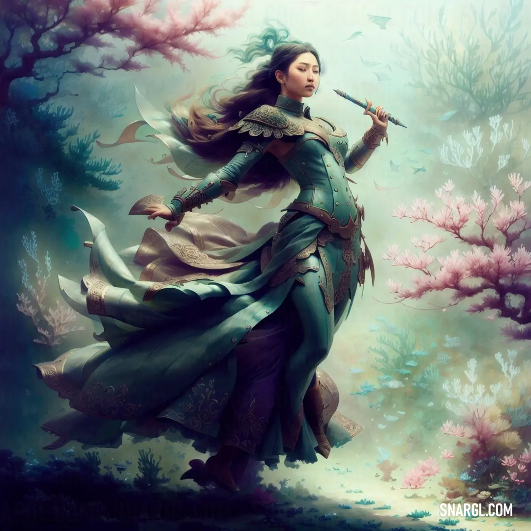 Woman in a dress is holding a sword in a forest with pink flowers and trees in the background