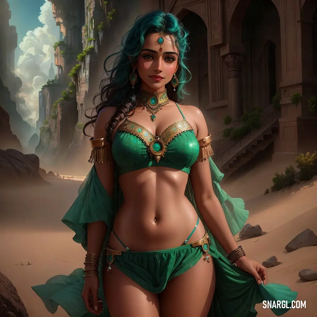 Sea green color. Woman in a green bikini and headpieces in a desert setting with a castle in the background