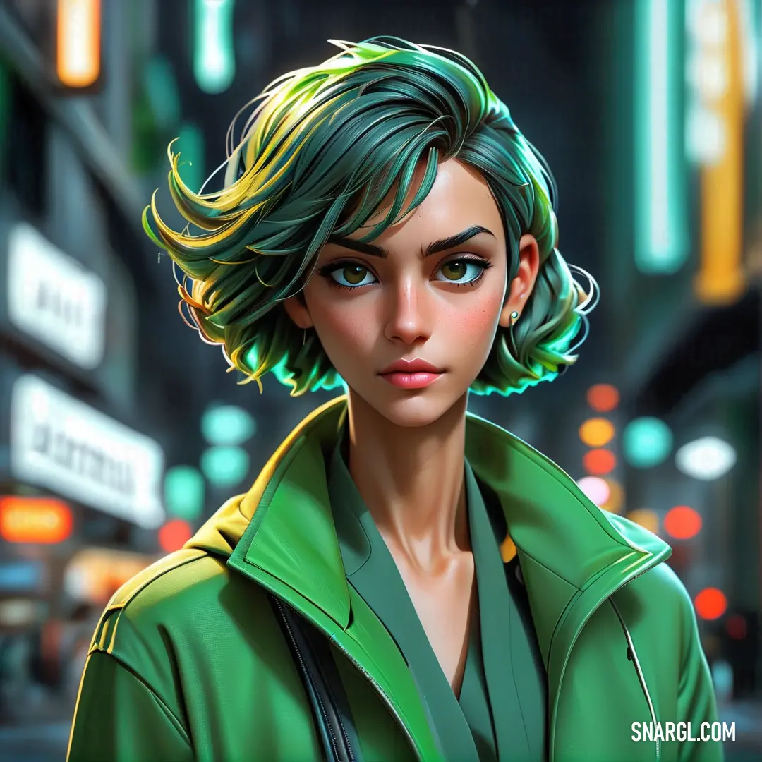 Woman with green hair and a green jacket on a city street at night with a neon light in the background