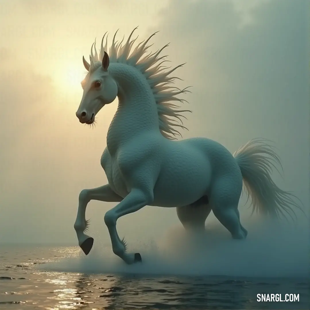 White Sea Serpent gliding across the water at sunset, its form sleek and powerful against the golden horizon. A powerful White Sea Serpent races across the water, its sleek body cutting through the waves as the golden hues of a sunset reflect off the surface.