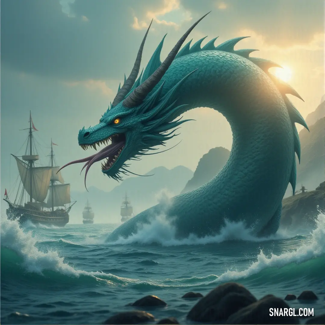 A fearsome sea serpent rises from the depths, its massive jaws wide open as it towers over the ocean, looming near a ship caught in the waves. The ship struggles in the vastness of the stormy sea as the serpent dominates the horizon.