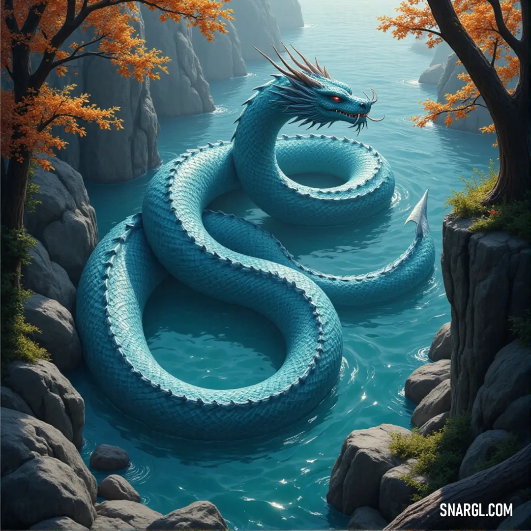 A stunning blue sea snake statue overlooks a river, surrounded by dense forest and rocks, adding a sense of mystique to the natural landscape. A colossal statue of a blue sea snake sits atop a river, its intricate design contrasting with the natural beauty of the surrounding forest. The lush trees and large rocks frame the stunning sculpture, creating a mystical atmosphere.