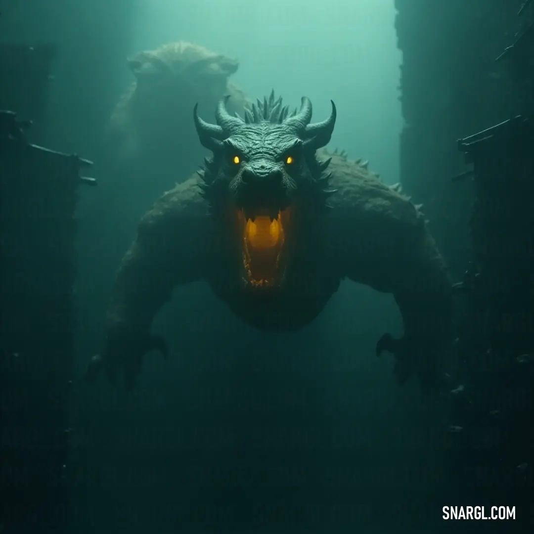 A colossal sea serpent, its mouth wide and eyes glowing, rises from the water. A powerful light shines down, highlighting its intimidating presence and emphasizing its otherworldly features.