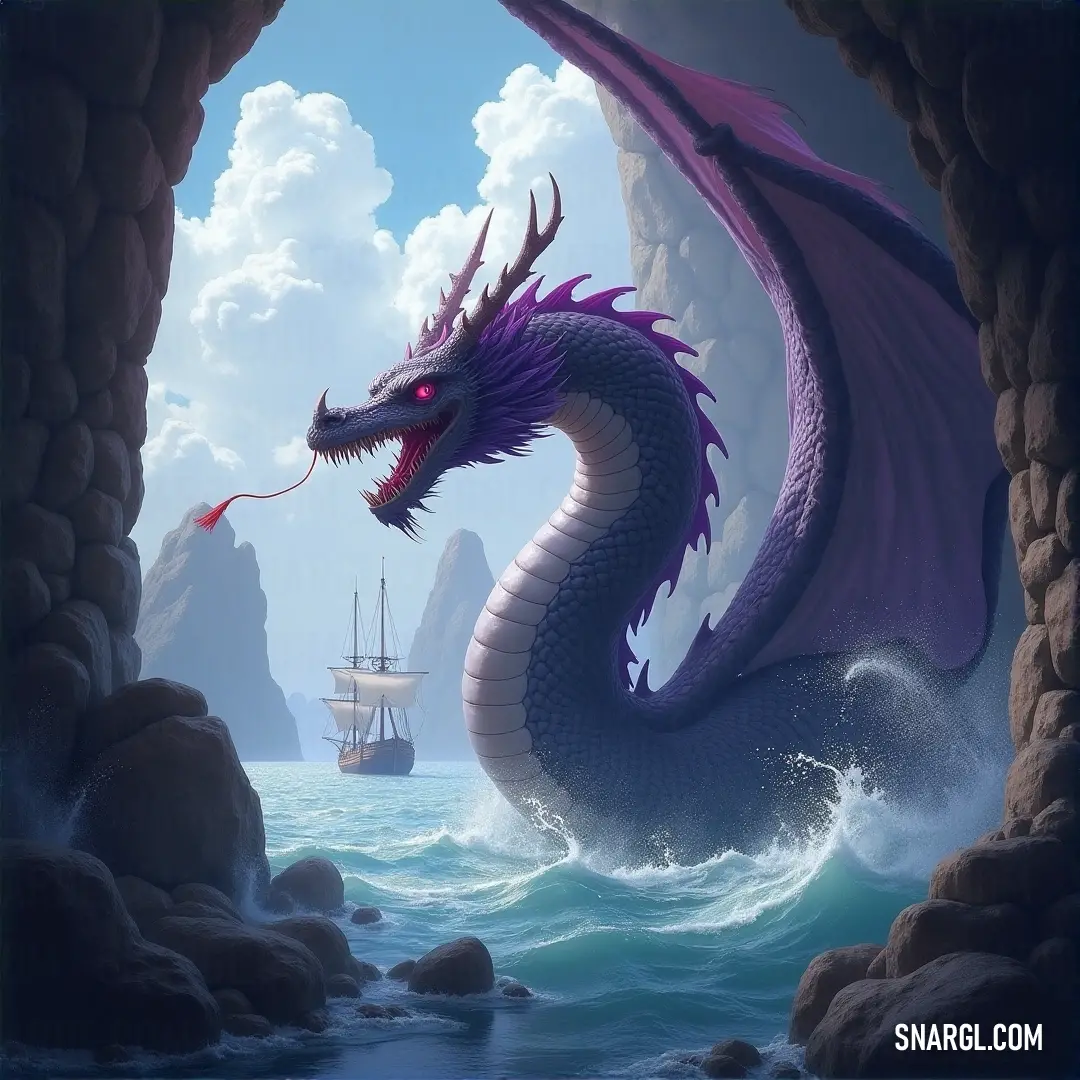 A sleek sea snake swims effortlessly through the ocean near a boat, its body weaving in the water beneath the peaceful surface. A long, slithering sea snake moves gracefully through the water near a boat drifting peacefully on the open ocean. The calm waves part as the serpent glides past, blending seamlessly with the tranquil sea.