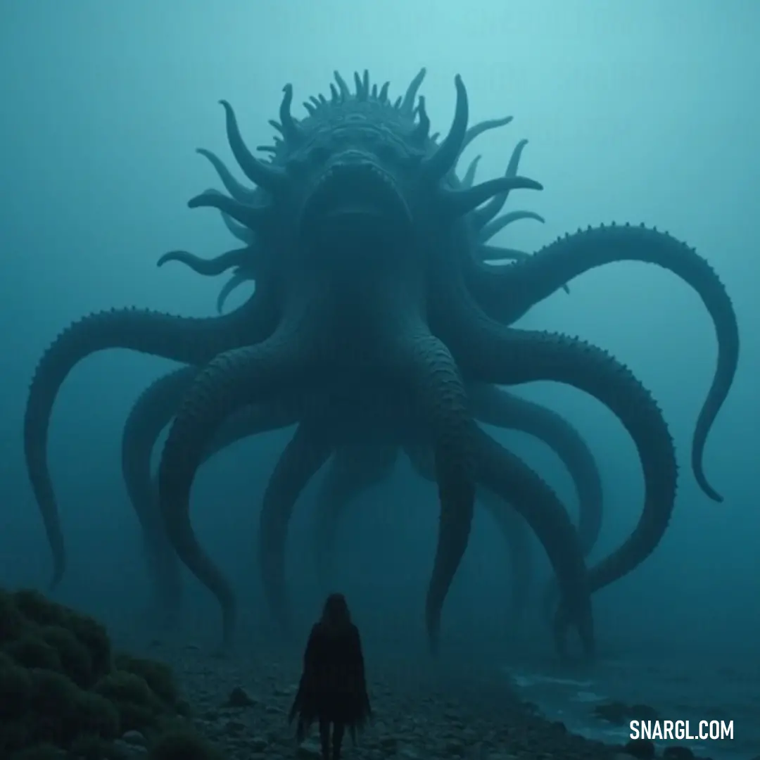 Marvel at the towering Giant Seafarer's Folly in the ocean, as a lone figure stands before it, captivated by its grandeur. A majestic Giant Seafarer's Folly stands nobly in the ocean, illuminated by the golden rays of the sun, while a curious person gazes up in awe at the creature's immense size and vibrant aura.