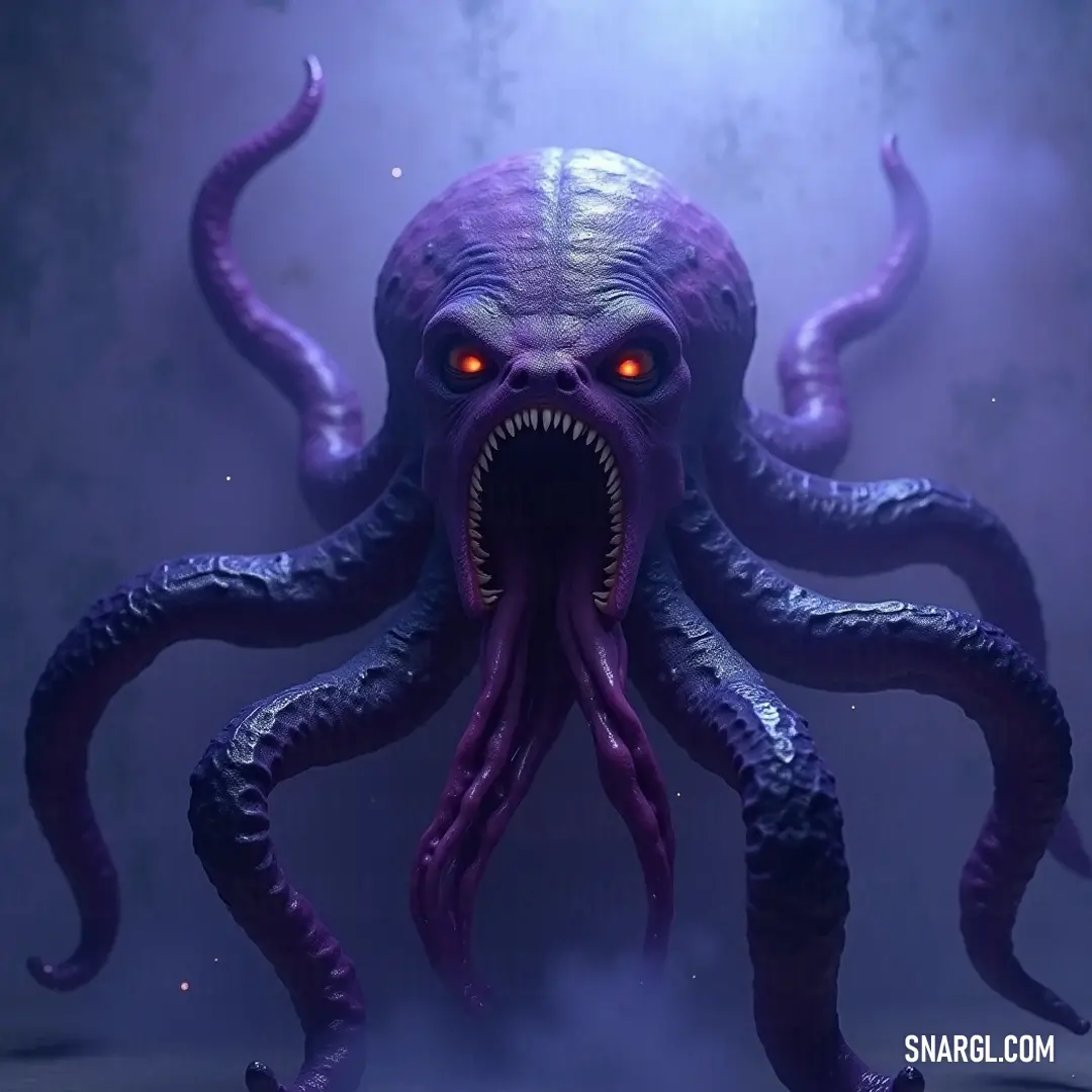 Encounter the powerful Giant Purple Seafarer's Folly, with luminous eyes and sharp teeth, lurking in the depths of the ocean. Beholding a colossal purple Seafarer's Folly, this creature's glowing eyes pierce through the dark waters, its formidable jaws lined with sharp teeth, ready to mesmerize all who dare to approach.
