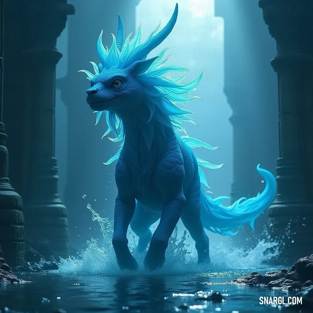 The mystical Blue Seafolk traversing a waterway in a captivating fantasy realm, with ancient columns rising around them. A fantastical Blue Seafolk strides through tranquil waters, surrounded by majestic columns and stone pillars, evoking a sense of wonder and magic.