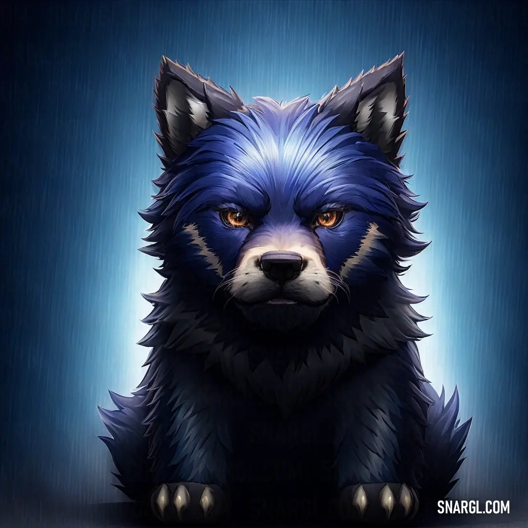 Blue furry animal with orange eyes down on a blue background with a black background