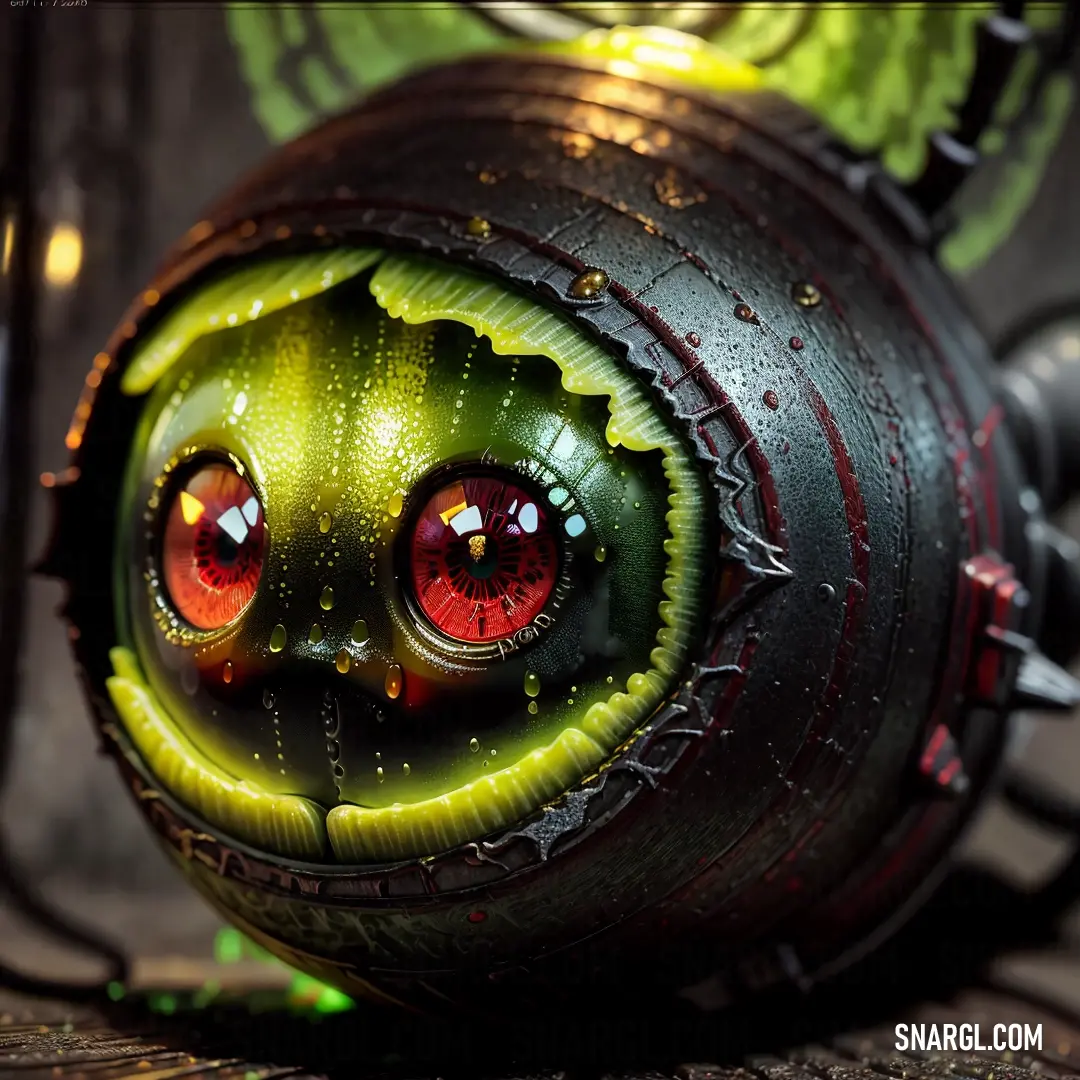 Close up of a toy with red eyes and a green body with a black body