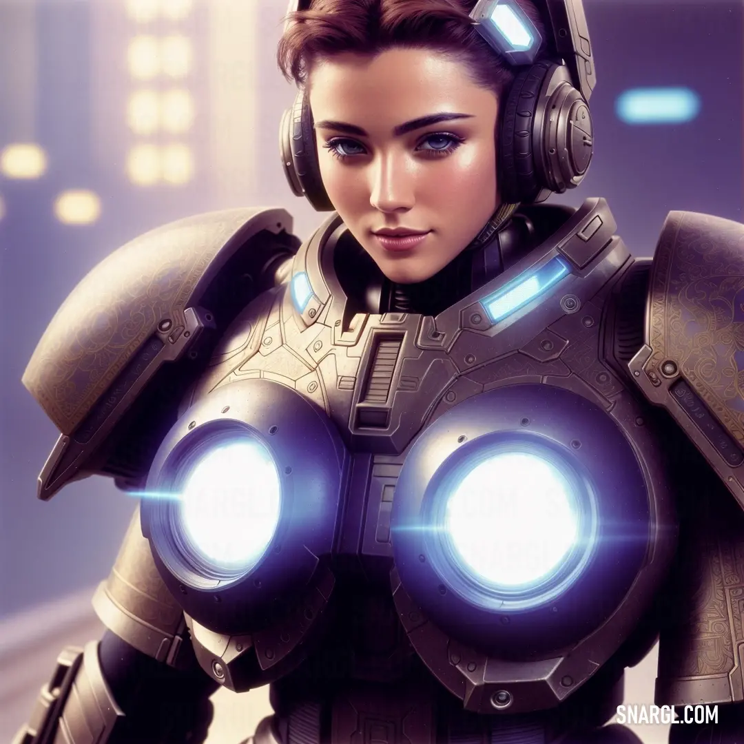 Woman in a futuristic suit with headphones on and glowing eyes and a glowing light on her chest