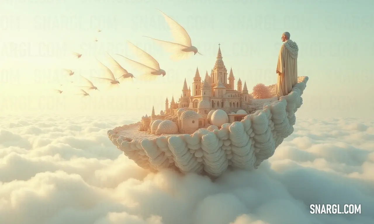 Castle in the clouds with a man standing on top of it with birds flying around it