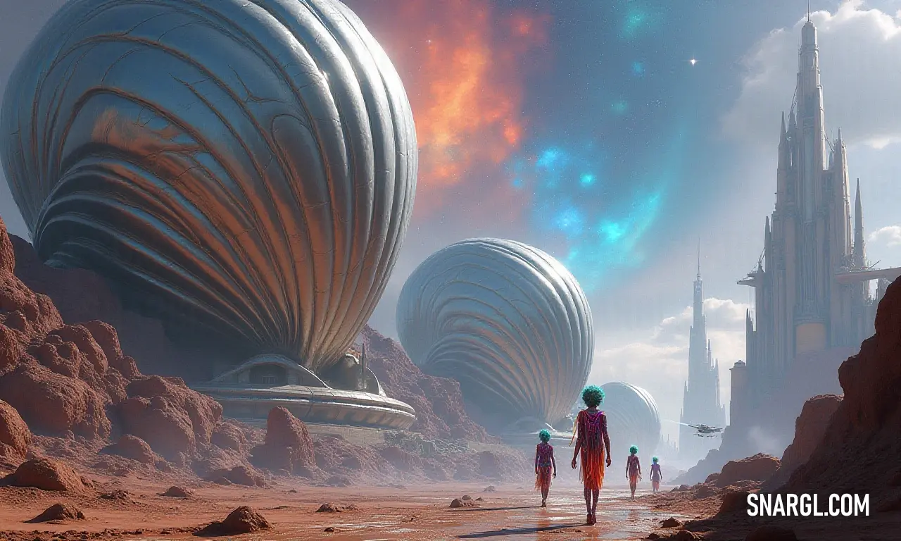 Group of people walking through a desert area with futuristic buildings in the background