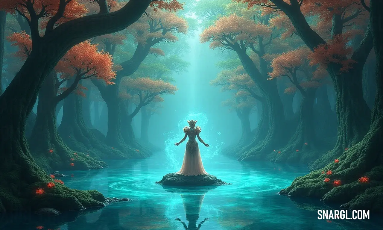 Painting of a woman standing in a river surrounded by trees and foliage with a light shining on her