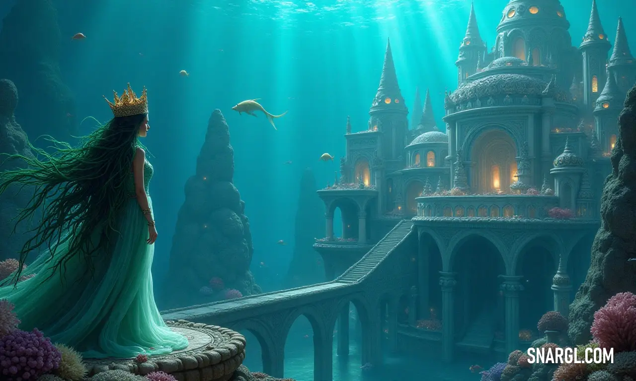 Woman in a green dress standing on a bridge in a underwater castle with a fish swimming by her