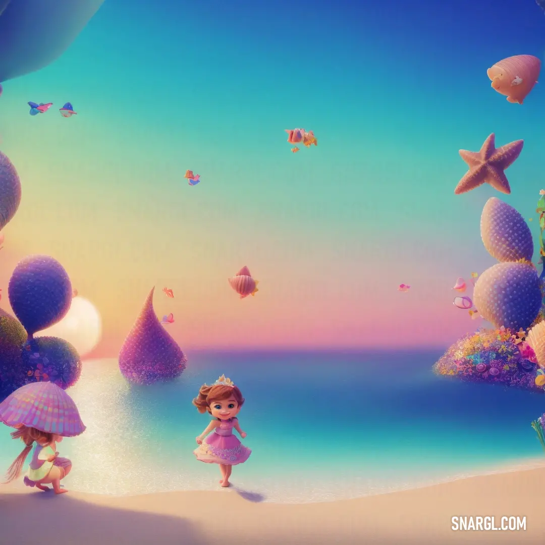 Cartoon girl in a pink dress standing on a beach next to a starfish