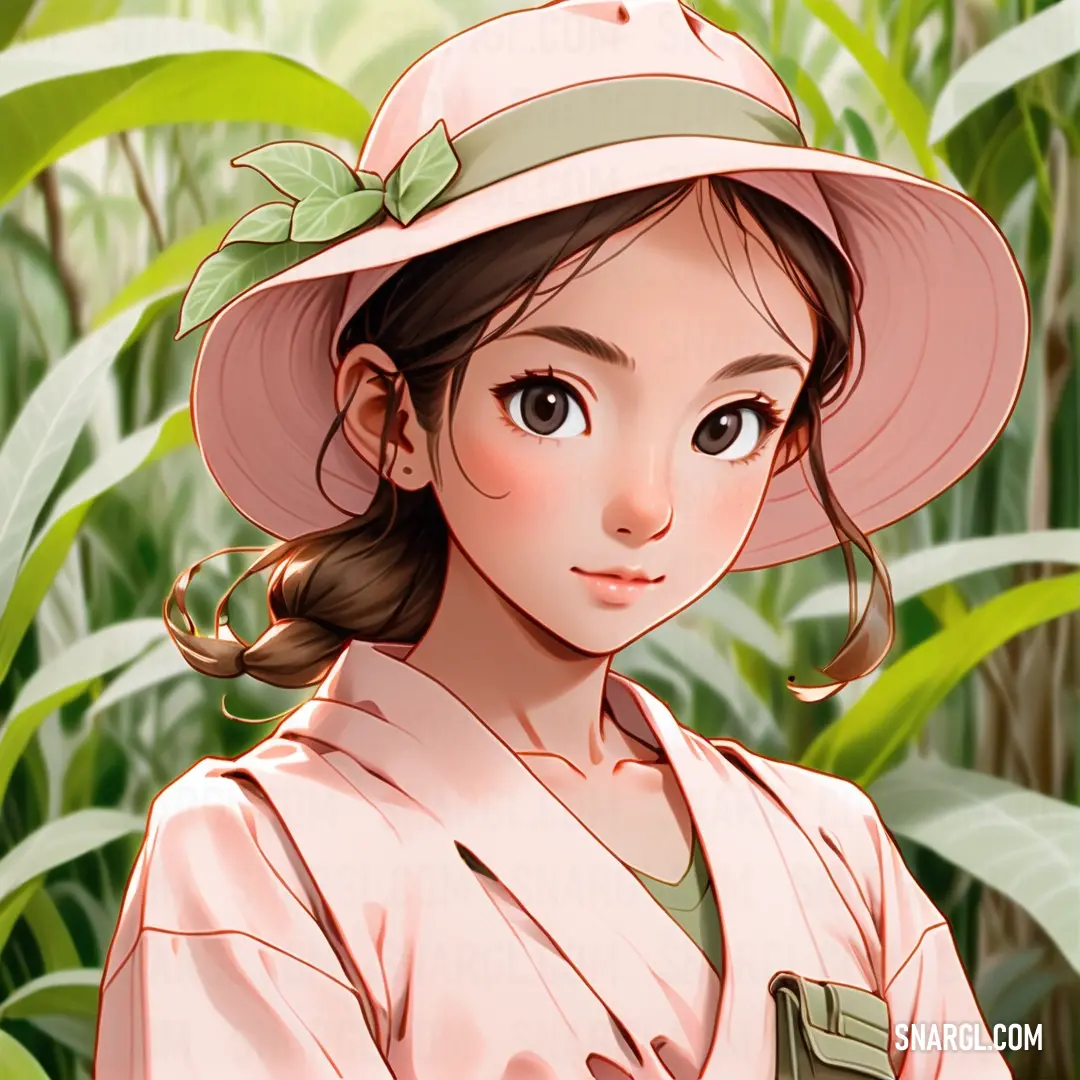 Girl in a pink hat is standing in a field of plants and grass with her hands on her hips