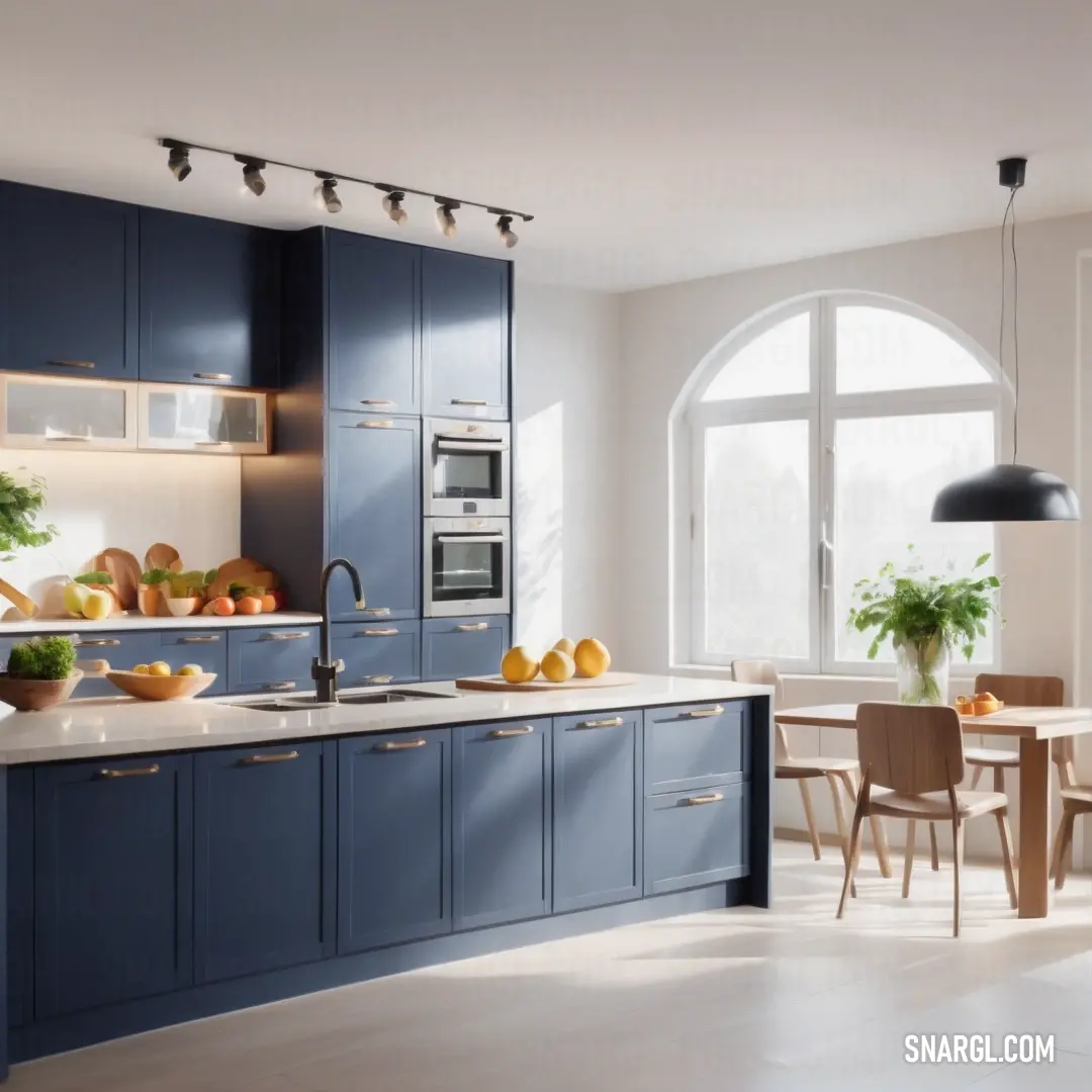 Kitchen with a table and chairs and a window in the background. Example of #FFF5EE color.