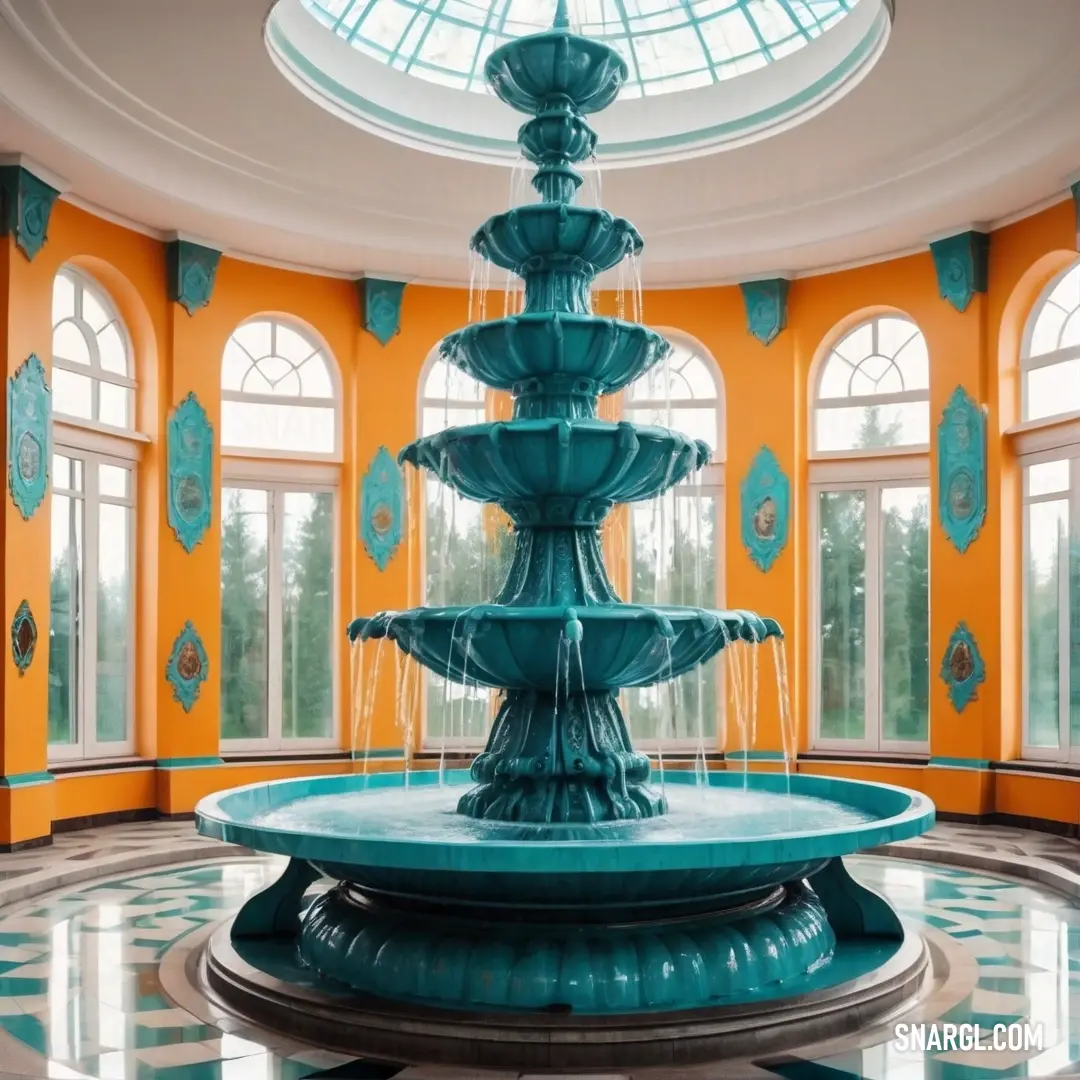 Seashell color. Large fountain in a room with a skylight above it and windows on the side of the wall