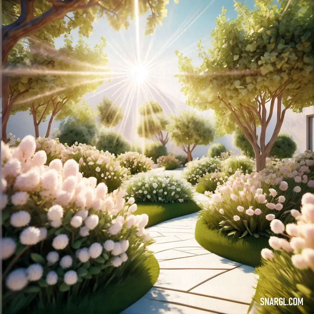 Painting of a garden with flowers and trees in the background. Color Seashell.