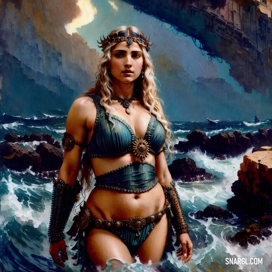 Painting of a woman in a bikini standing in the ocean with a sword in her hand and a crown on her head