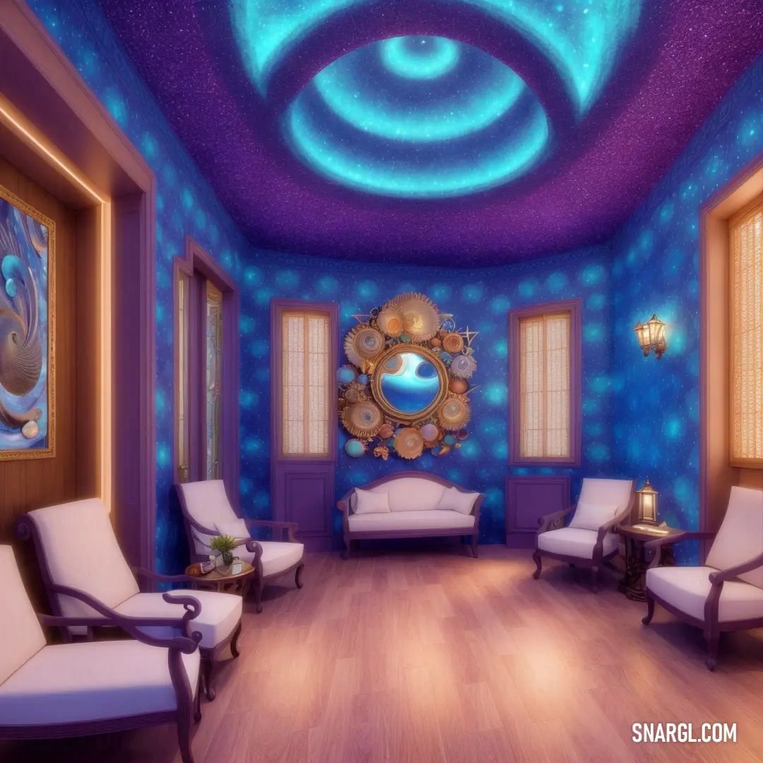 Room with a blue ceiling and a purple ceiling with a circular mirror and chairs in it and a blue wall