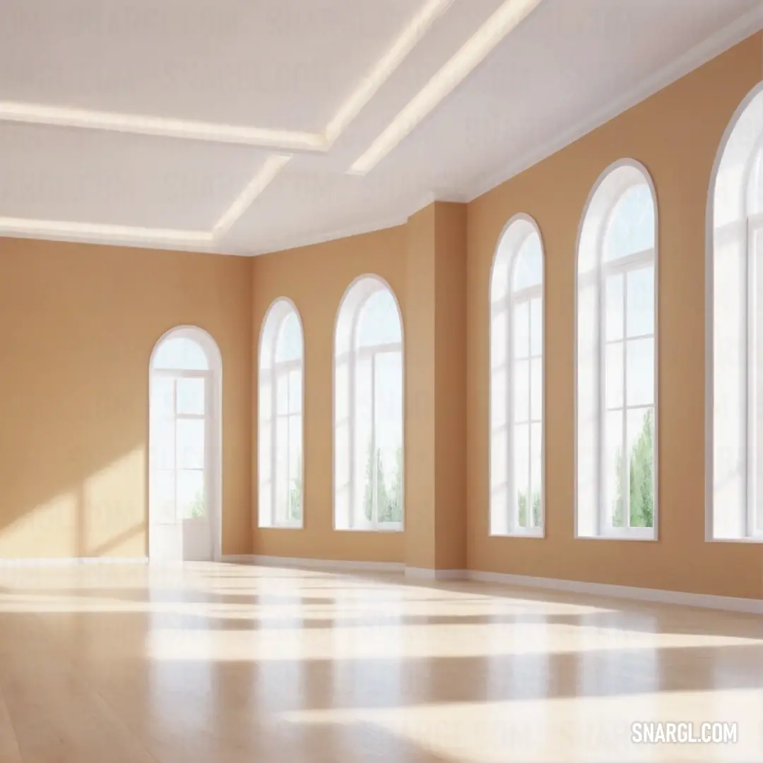 Room with a lot of windows and a wooden floor with a white floor and a white ceiling. Color #FFF5EE.
