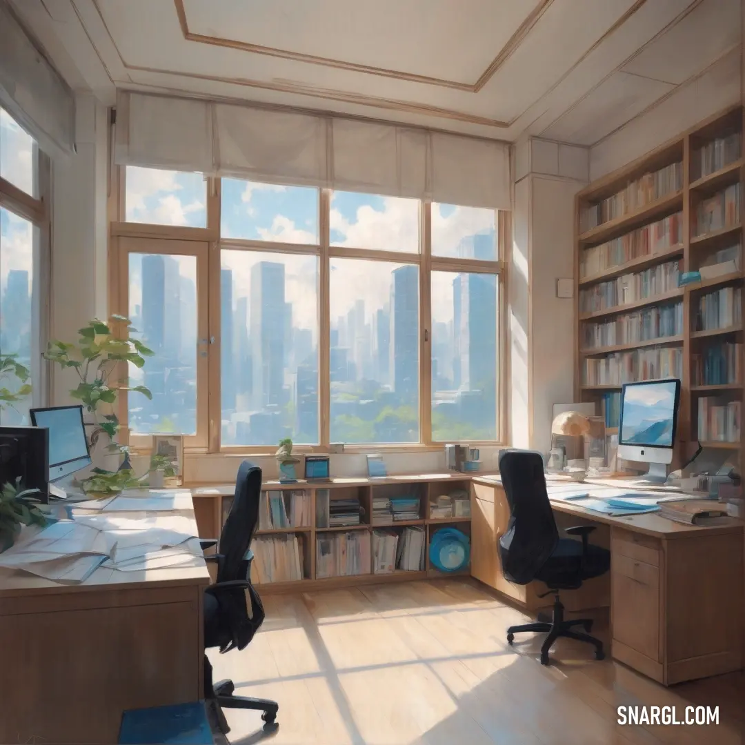 Painting of a room with a desk and a book shelf with books and a computer on it and a view of a city. Color #FFF5EE.