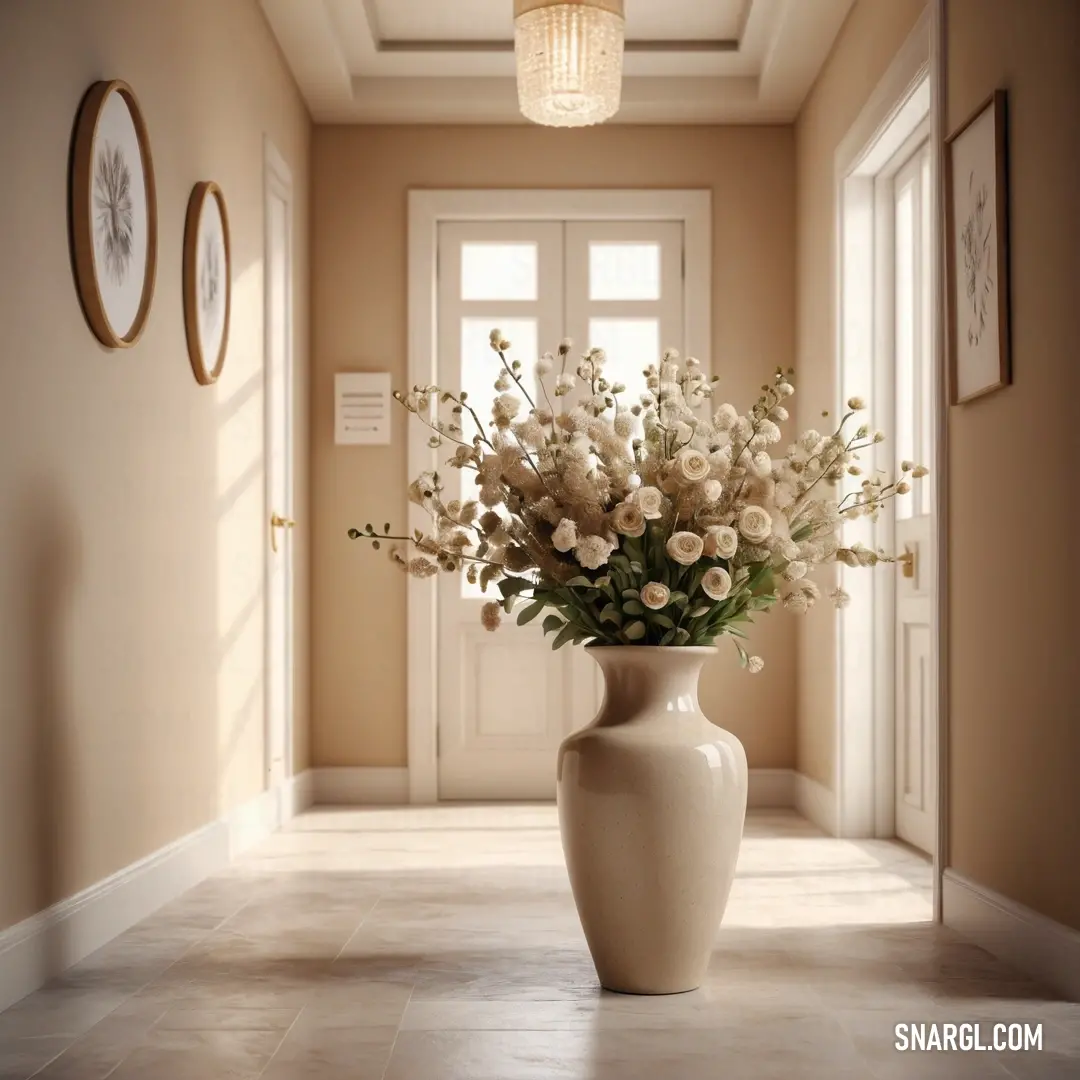 Seashell color. Vase with flowers in it on a tiled floor in a hallway with two framed pictures on the wall