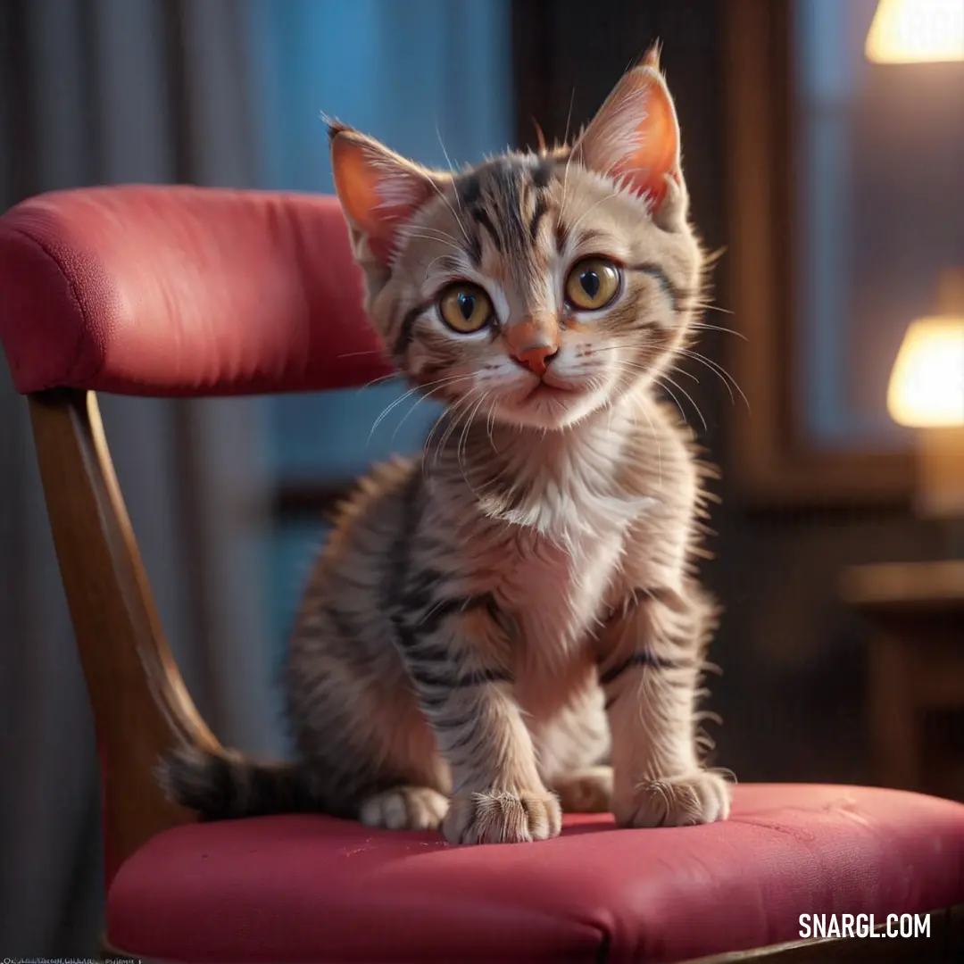 Small kitten on a red chair looking at the camera with a serious look on its face and eyes