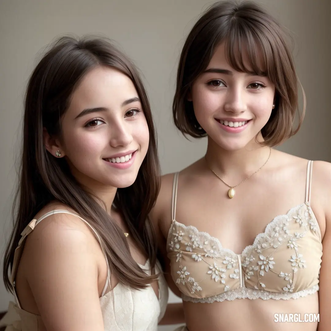 Two young women in bras posing for a picture together. Color Seashell.