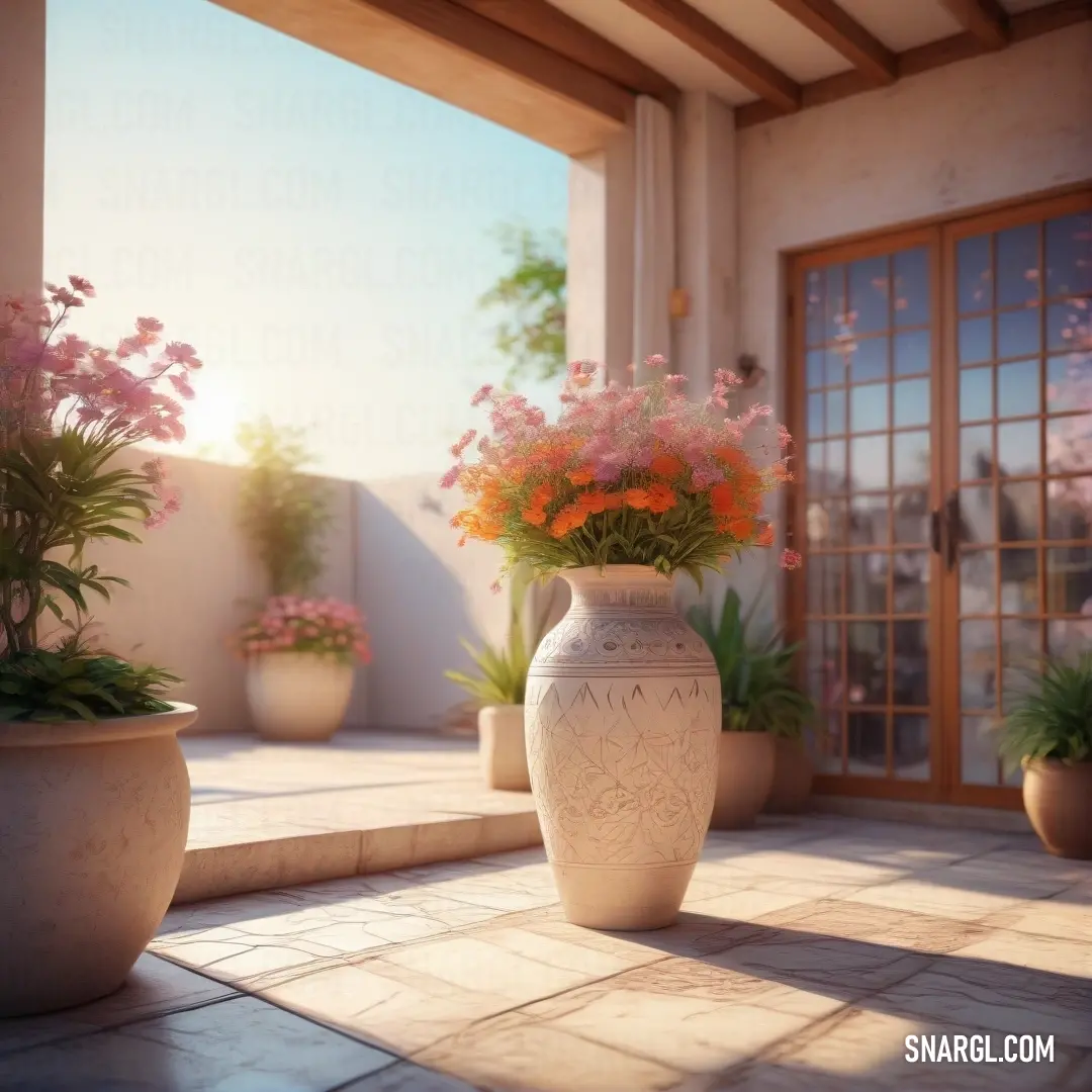 Seashell color. Vase of flowers on a patio next to a window with a view of the outside of the house