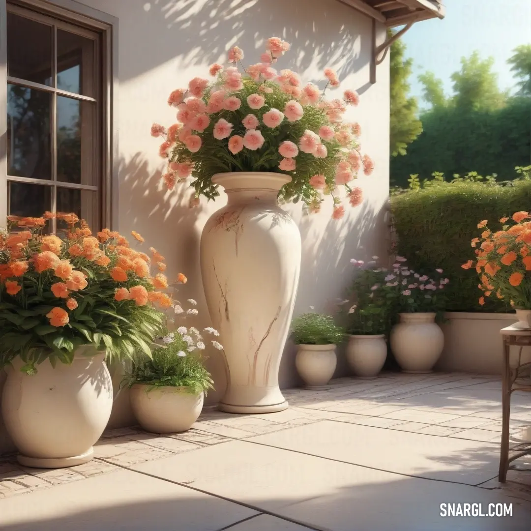 White vase with flowers in it on a patio next to a building and a table with chairs. Example of #FFF5EE color.