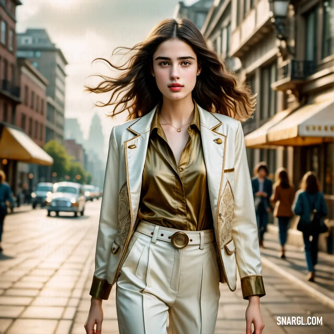 Woman walking down a street in a gold shirt and white pants with a gold jacket on her shoulders