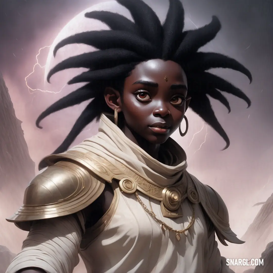 Woman with a dreadlock and a white shirt and gold armor on her head and a lightning in the background. Color #FFF5EE.
