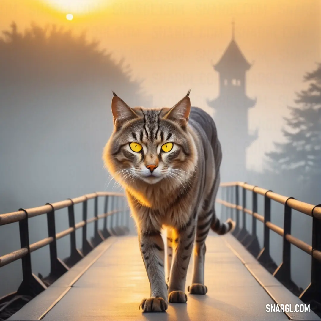 A curious cat traverses a charming bridge, its striking yellow eye peering out against a backdrop of a sleek black fence, blending beauty with feline whimsy.