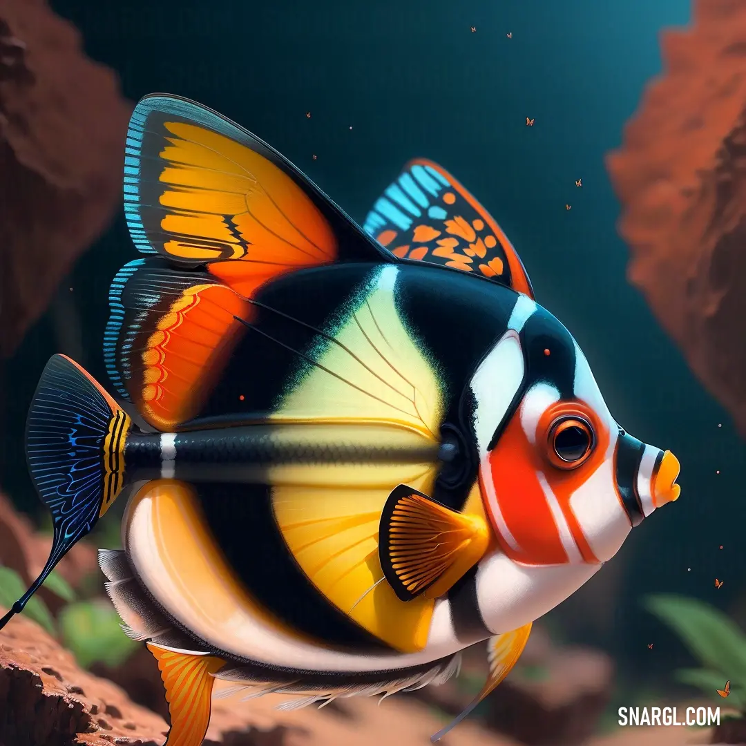 A vibrant fish swims gracefully in a large aquarium, surrounded by lush greenery and rocks, creating a tranquil underwater world full of color and life.