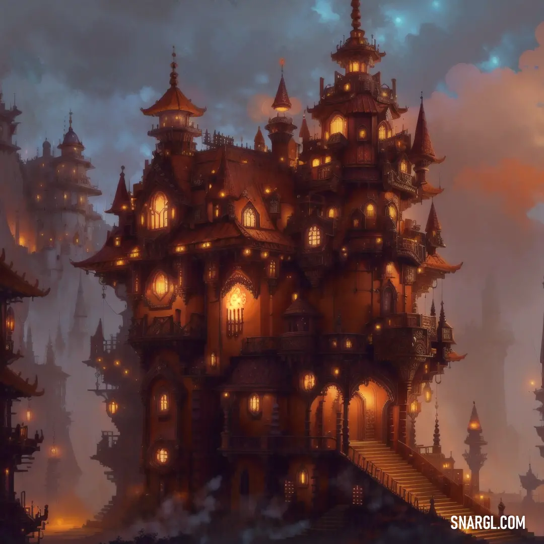 A grand fantasy castle with a spiral staircase leading up to its towering doors, all bathed in a glowing yellow light that highlights the architectural beauty and magical ambiance of the scene.