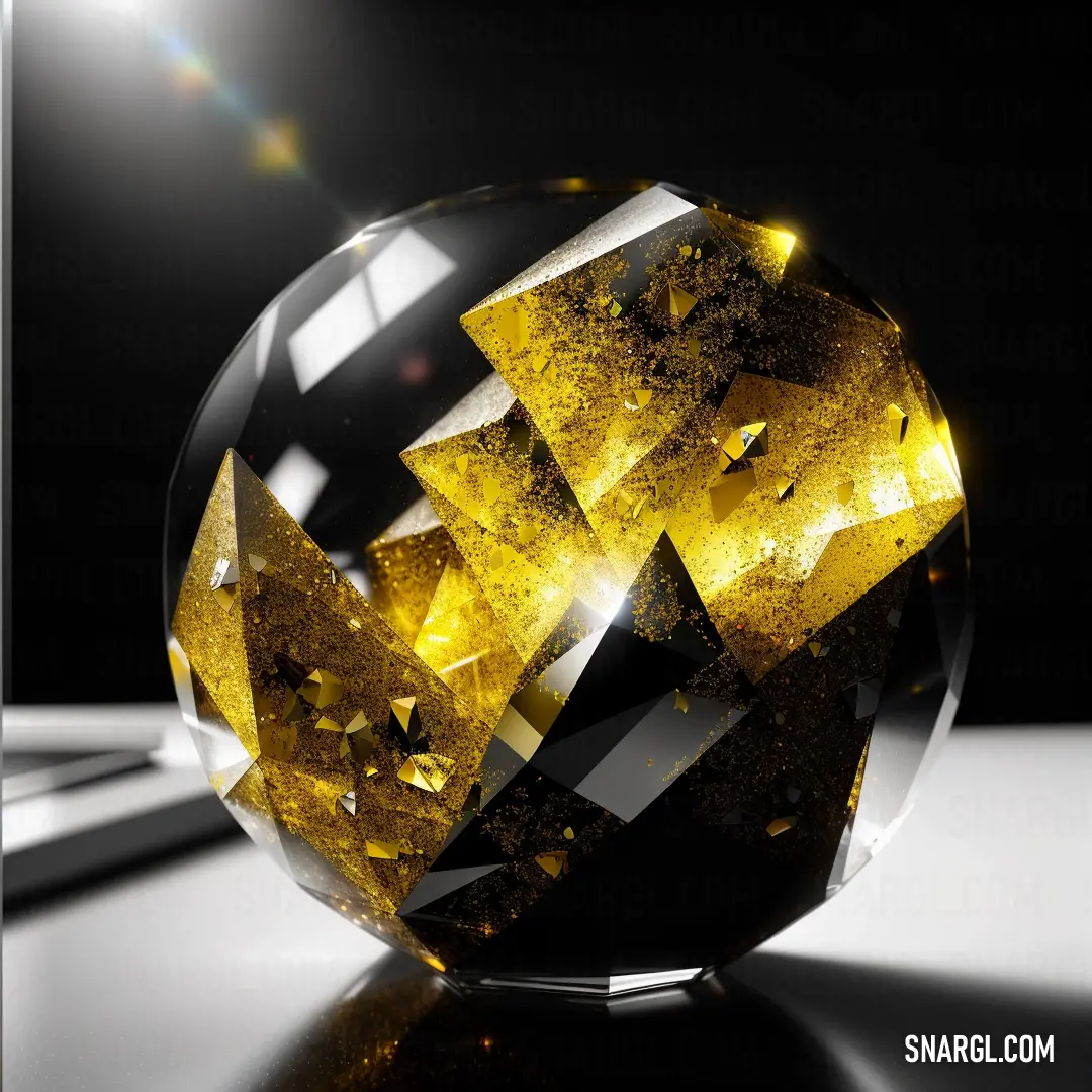 Glass ball with a yellow diamond inside of it on a table top with a laptop in the background