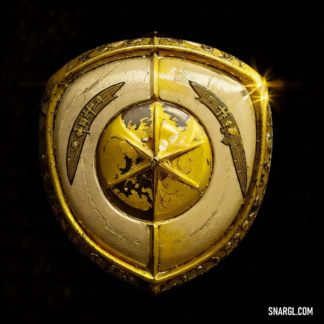 Gold and white shield with two swords on it's side and a star on the other side