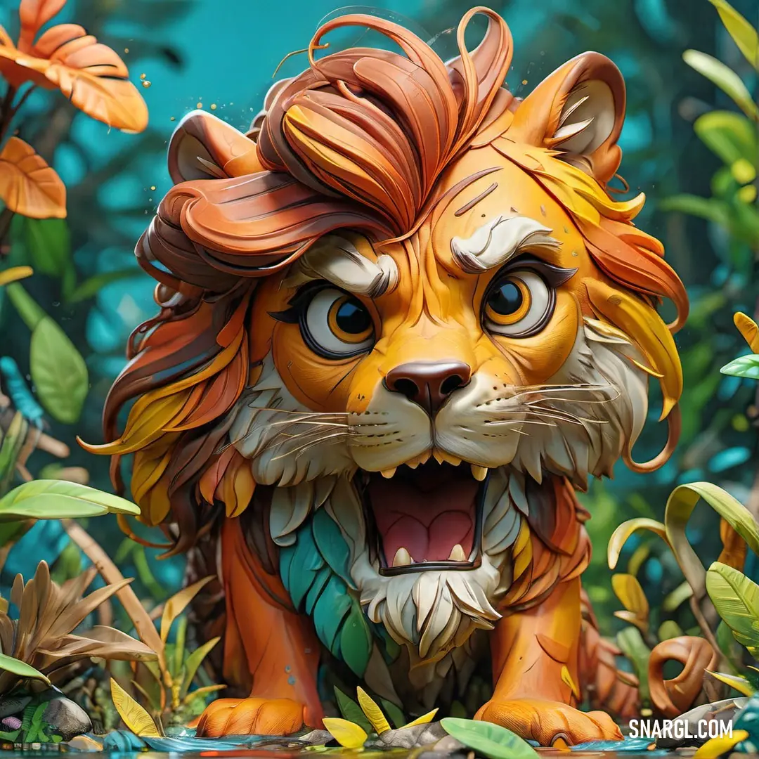 A magnificent lion statue is nestled among a patch of lush greenery, surrounded by blooming flowers and vibrant leaves, attracting attention with its regal presence amid a serene forest environment.