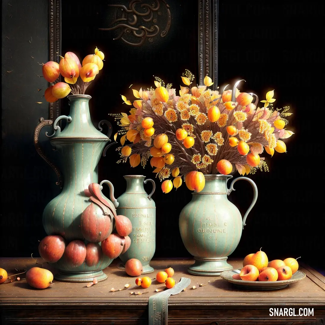 A vibrant still life painting of a vase filled with flowers, paired with a plate of colorful fruit. The bright yellow lighting adds depth to the scene, making the objects appear fresh and inviting.